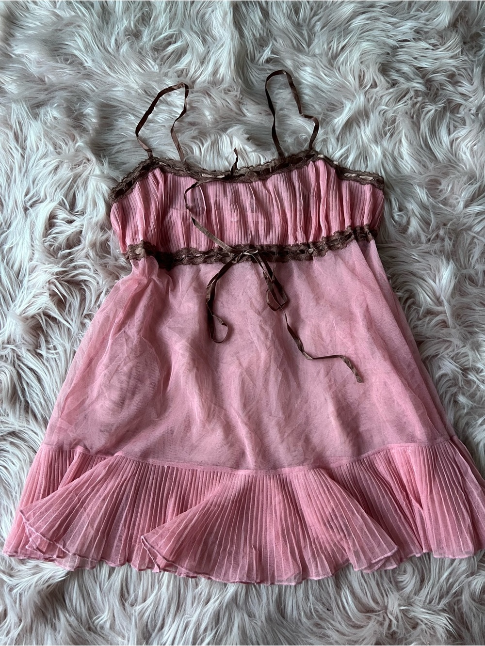 Victoria's Secret Pink Chiffon Babydoll Slip with Brown Trim